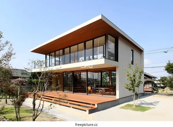 Modern House with Wooden Deck and Large Windows