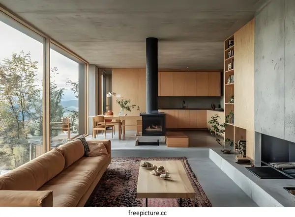 Modern Minimalist Living Room with Fireplace and Mountain View