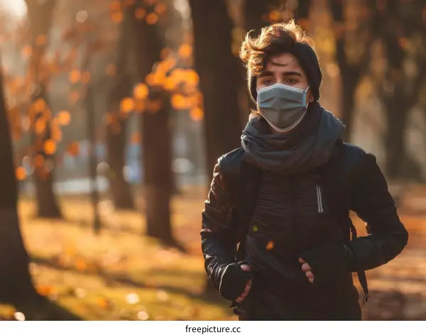 Young caucasian man wearing a mask running in the park