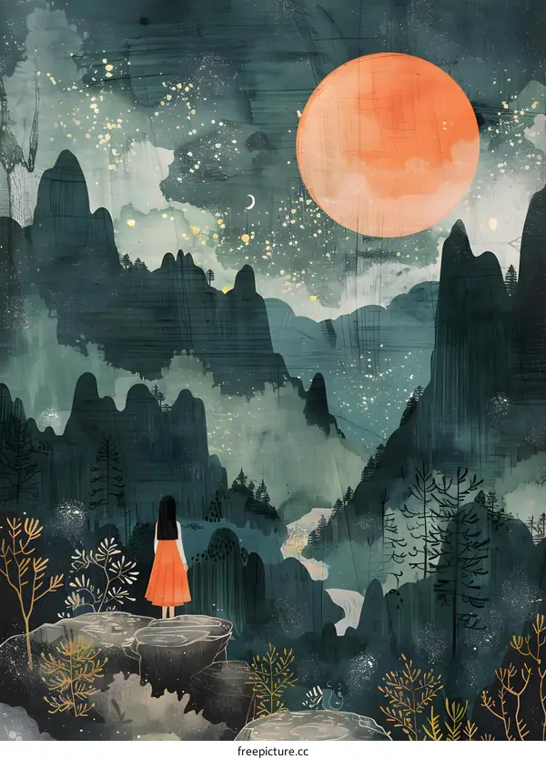 girl standing on a cliff looking at the red moon
