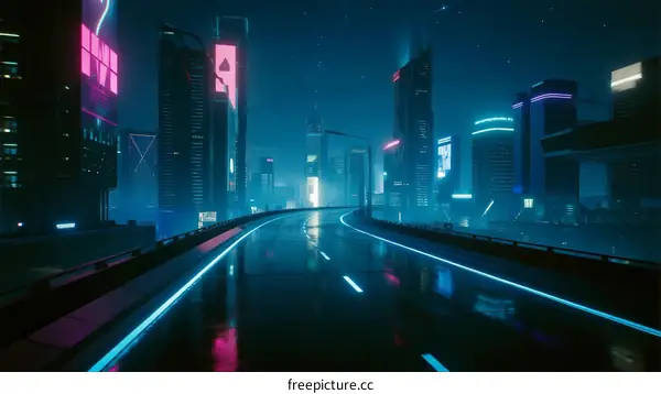 Futuristic Cityscape with Glowing Neon Lights and Modern High-rises