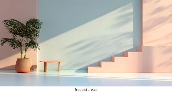 Minimalist interior with stairs and plant
