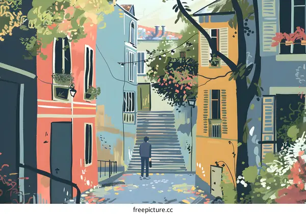 Colorful Buildings and Stairs in a European Town