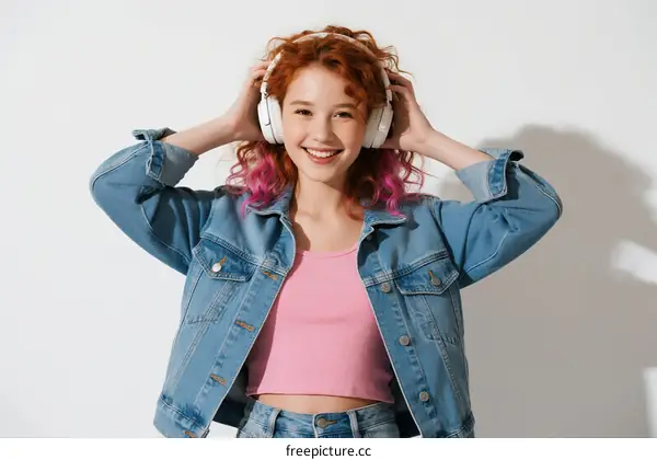 Young woman with curly red hair wearing denim jacket and pink top listening to music with white headphones