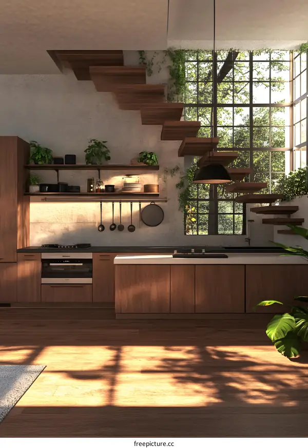 Modern Kitchen Interior Design with Wooden Stairs and Large Window