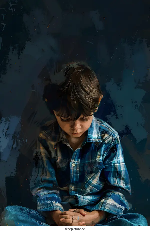 Young Boy Sitting with Head Down in Thoughtful Pose