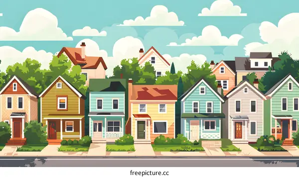 Colorful Suburban Neighborhood Homes Illustration