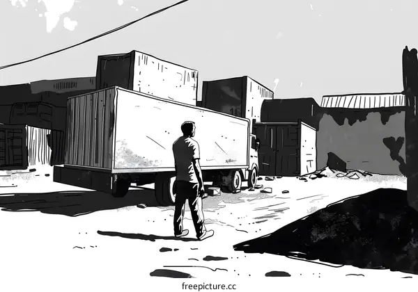 Man Standing by a Truck in a Cargo Yard