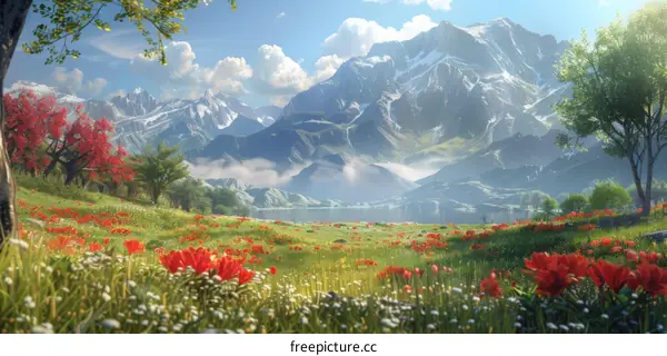 Fantasy landscape with mountains, lake and flowers
