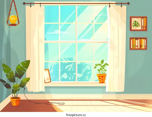 Cartoon Illustration of a Room with Window and Plants