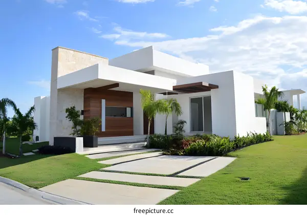 Modern White House with Palm Trees and Green Grass