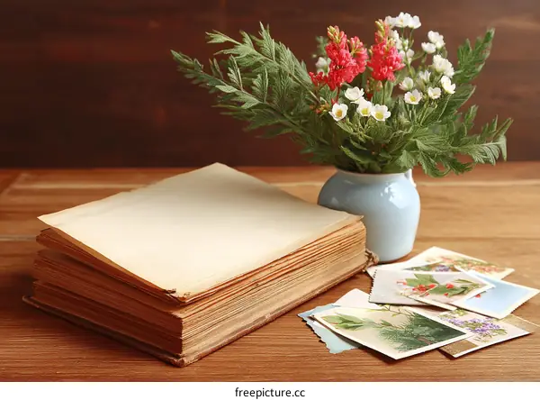 Vintage Floral Still Life with Old Book and Postcards