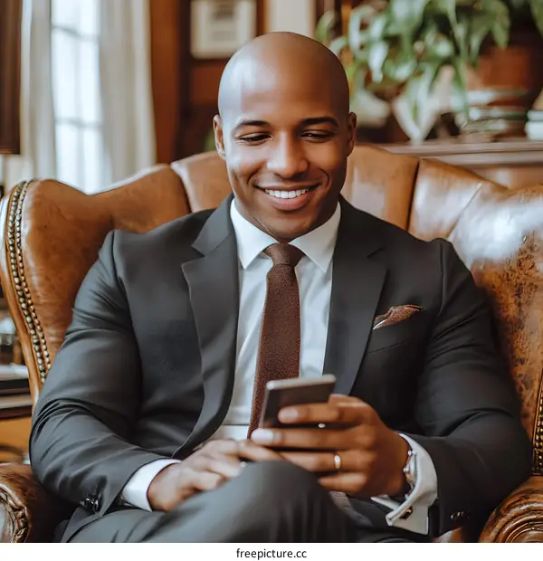 Smiling Businessman Sitting in Chair Looking at Phone