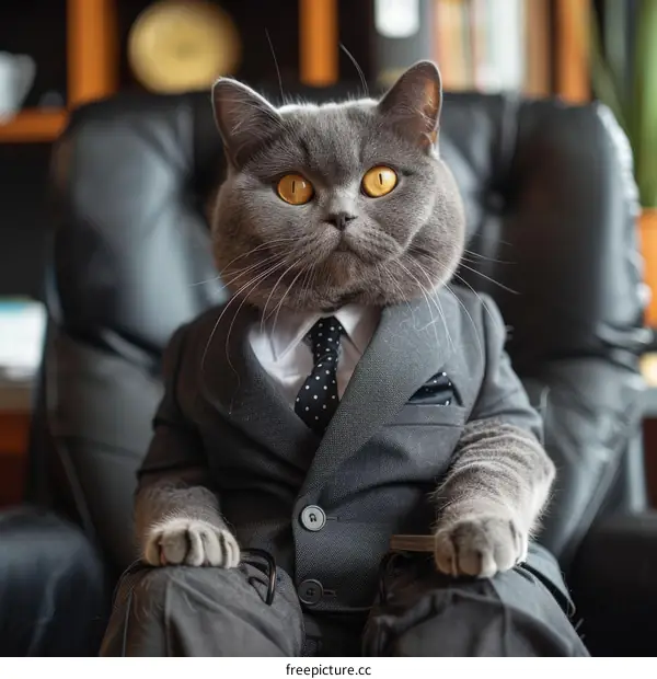 A gray cat wearing a suit and tie is sitting in a leather chair and looking at the camera