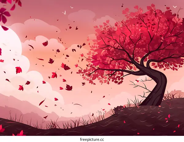 Red Tree With Falling Leaves Illustration
