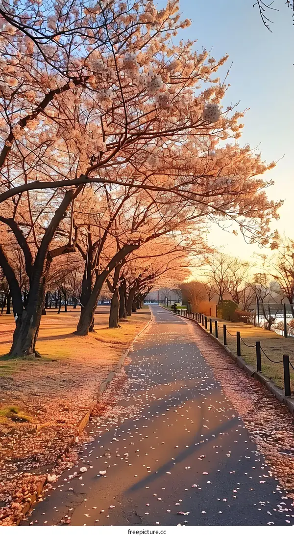 Cherry blossom path at sunset
