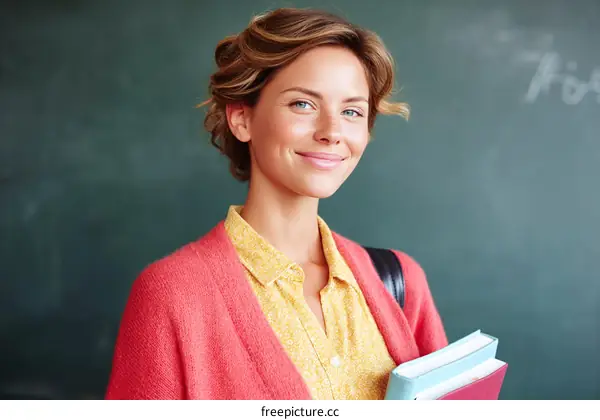 Female Teacher Holding Books Standing in Classroom