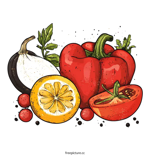 Fresh Vegetables Illustration with Red Pepper, Tomato and Lemon