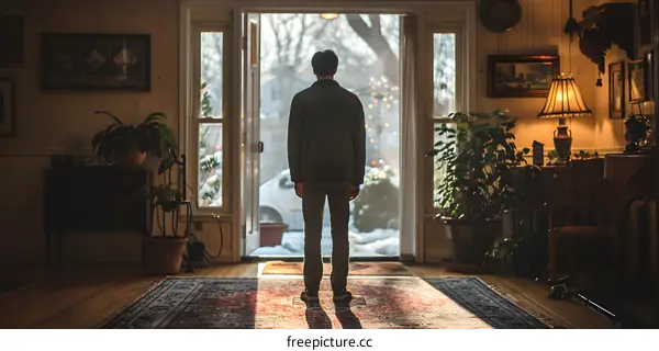 man looking out window at snow covered yard