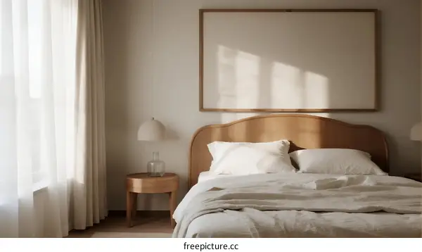 Sunlit Bedroom with Minimalist Wooden Headboard and White Curtains