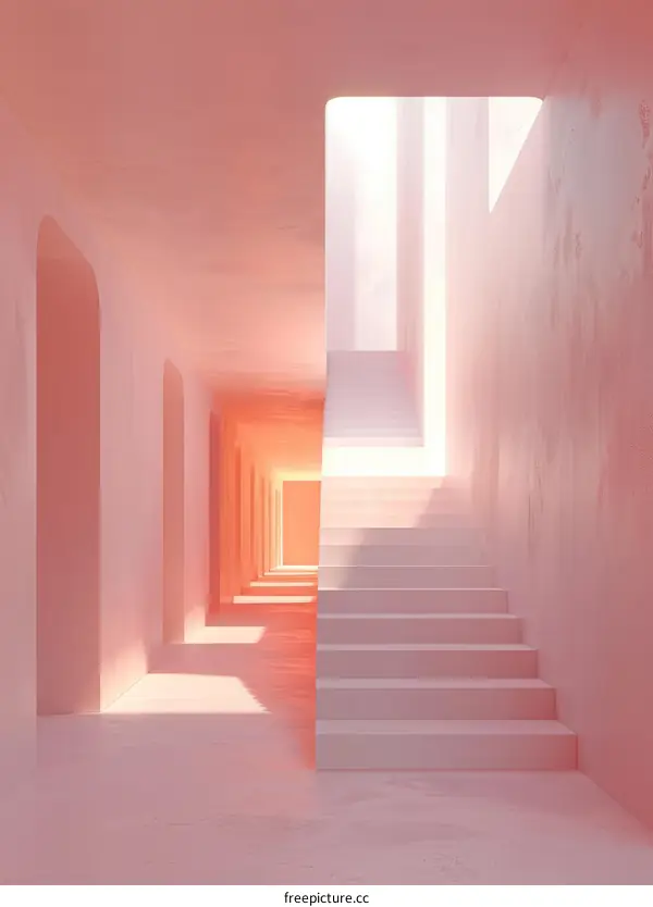 Pink Minimalist Corridor with Stairs and Arches