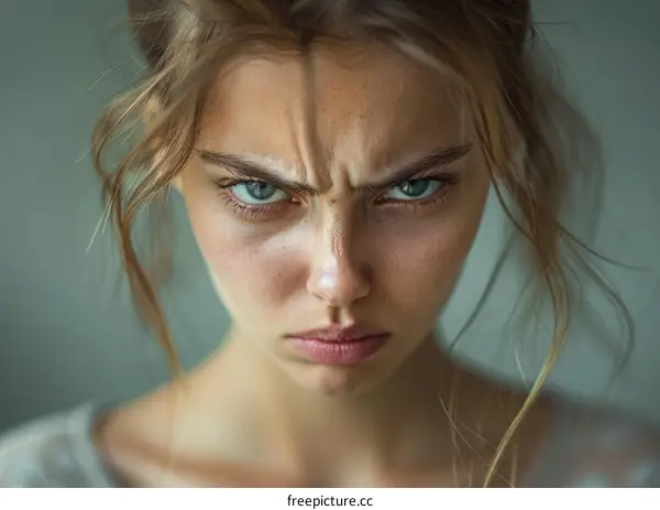 Portrait of a young woman with a stern expression