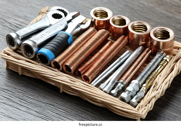 Assortment of Plumbing Tools and Copper Pipes
