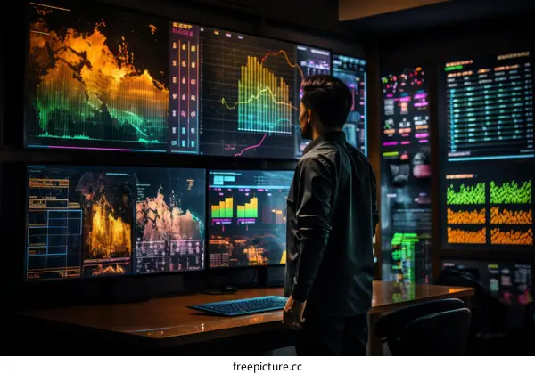 Asian man standing in front of multiple monitors showing graphs and charts