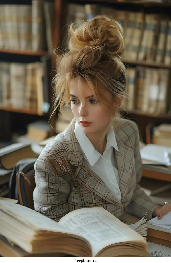 Portrait of a beautiful young woman in a library