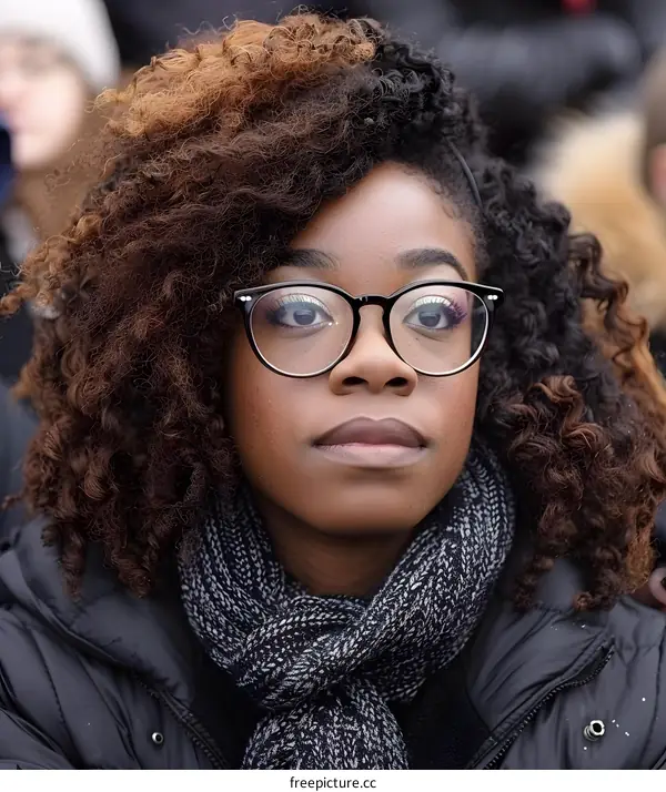 Close Up Portrait Of Young Black Woman Wearing Glasses And Scarf