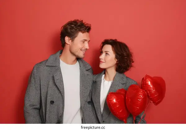 Couple in Love with Heart Balloons against Red Background