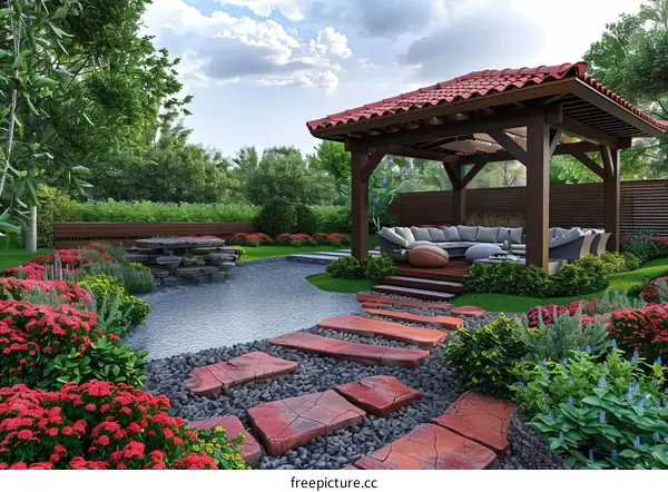 Beautiful Garden with Gazebo, Stone Path and Pond