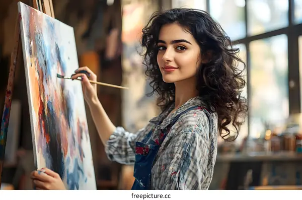 Woman Artist Painting Abstract Canvas In Studio