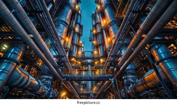 A photo of an industrial oil refinery at night