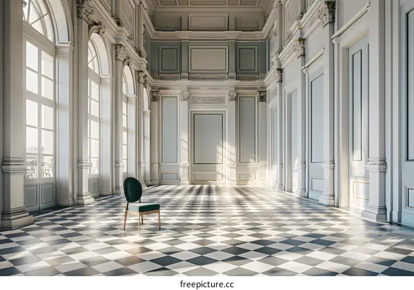 Green Chair in a Sunlit Palace Hallway