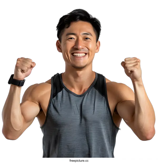 [Transparent Background PNG]Portrait of a Fit Asian Man Celebrating