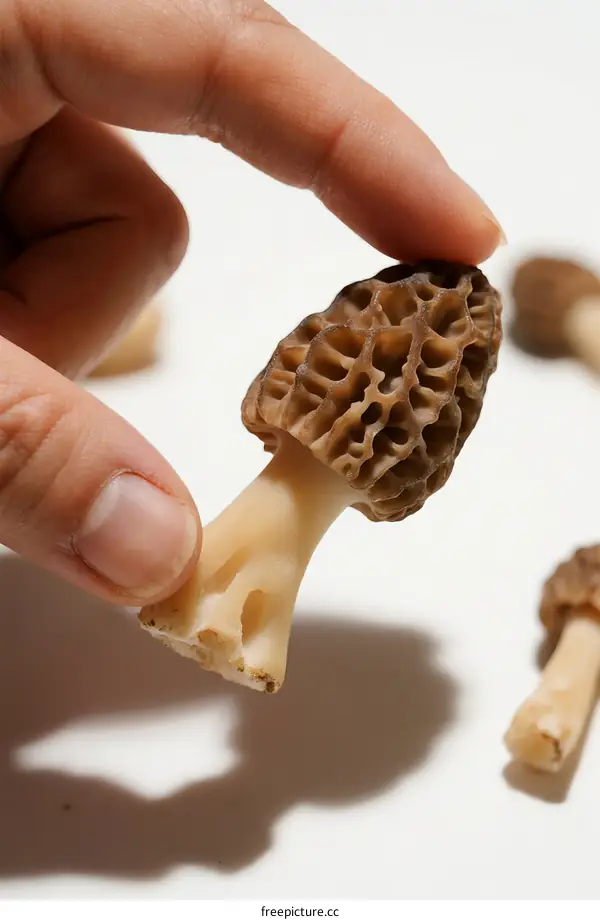 Hand holding fresh morel mushroom with natural background