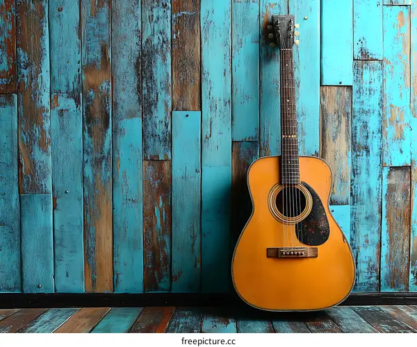 Acoustic Guitar Against a Teal Wood Wall