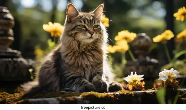 Ginger Cat Relaxing on a Stone Slab in a Flower Garden