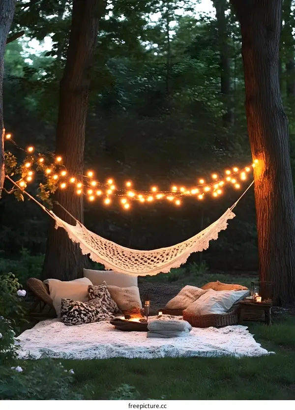 Romantic Evening Picnic in the Forest with Hammock and String Lights