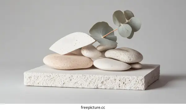 Minimalist Arrangement of Stones and Eucalyptus