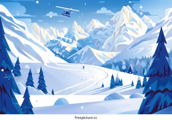 Winter Mountains Landscape with a Small Plane