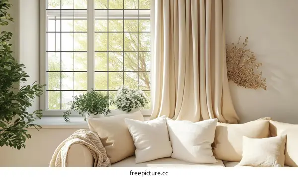 Cozy Living Room with Large Window and Beige Curtains