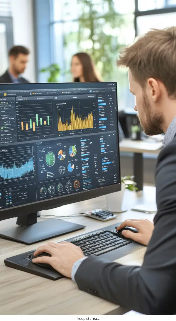 Businessman Working on a Computer with Data Visualization