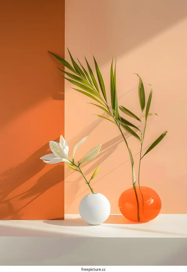 White and Orange Vases with Flowers and Palm Leaves on Orange and Peach Background