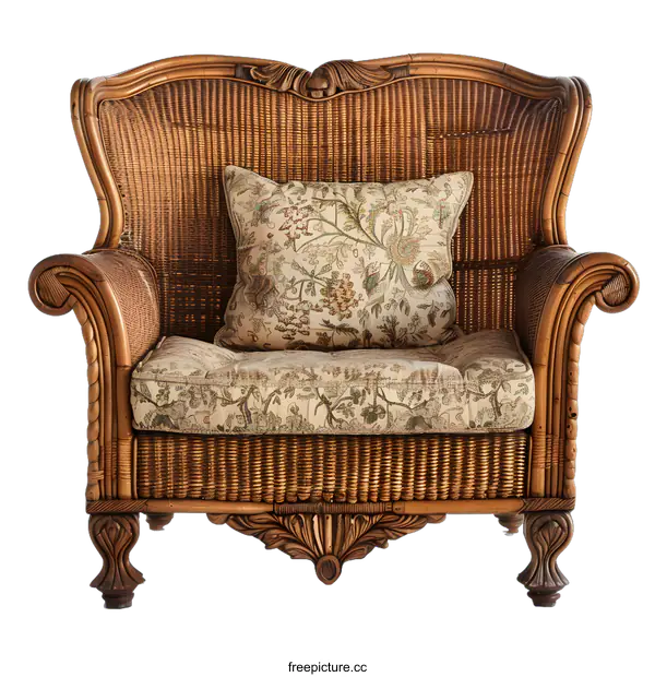 [Transparent Background PNG]Wicker Chair with Floral Pillow