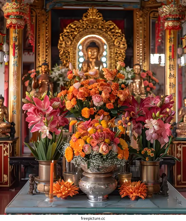 Buddha Statue Altar With Flowers In A Temple