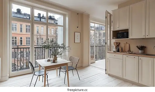 Cozy Scandinavian Apartment Kitchen with Balcony View