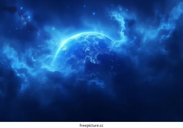 Blue planet in the middle of a blue nebula