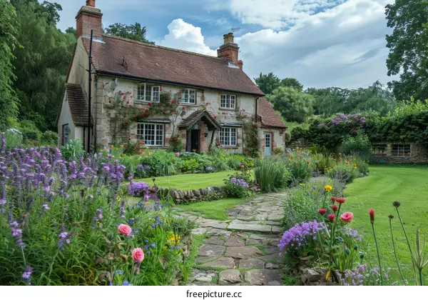 English cottage with garden full of flowers